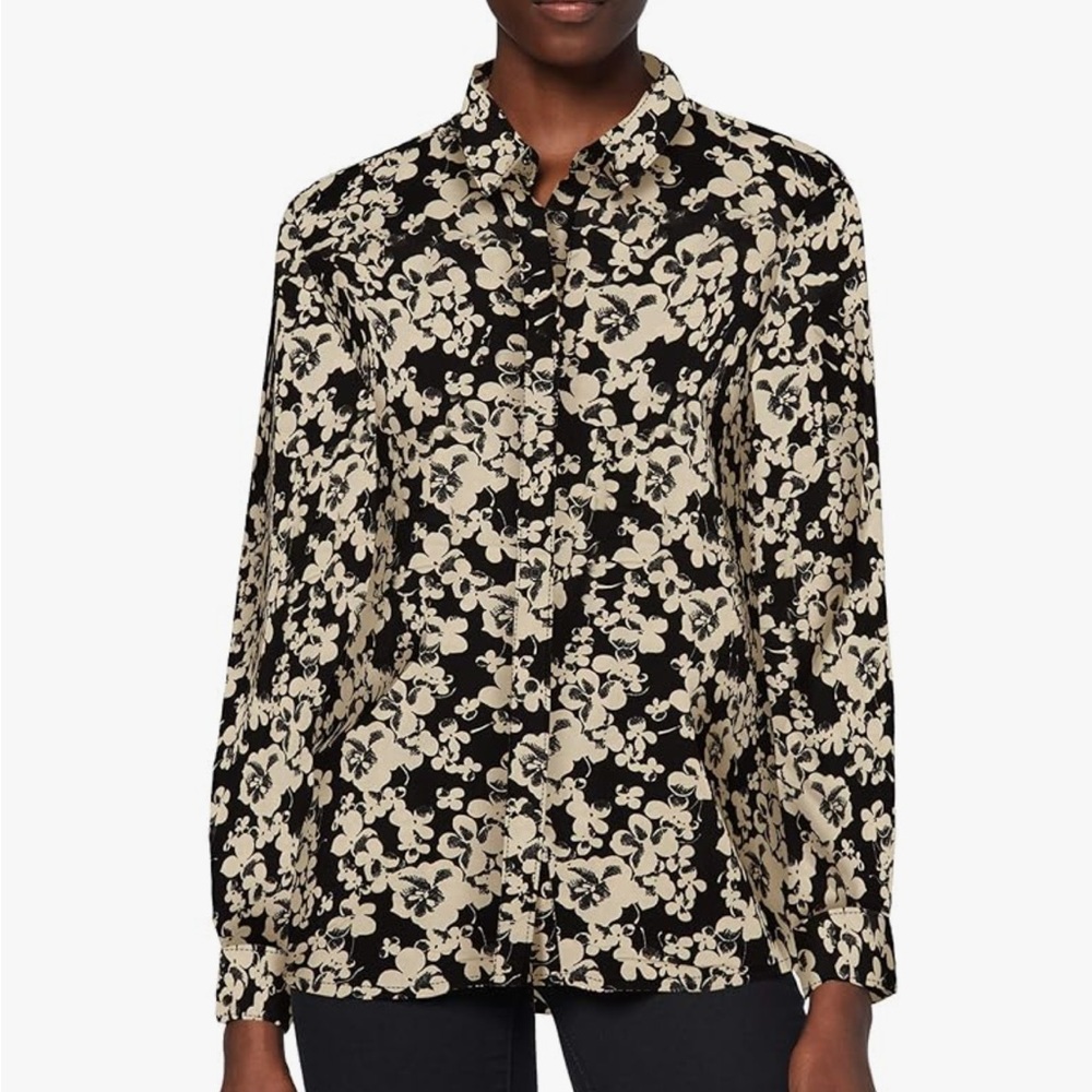 ICHI Black and Beige Floral Long Sleeve Blouse